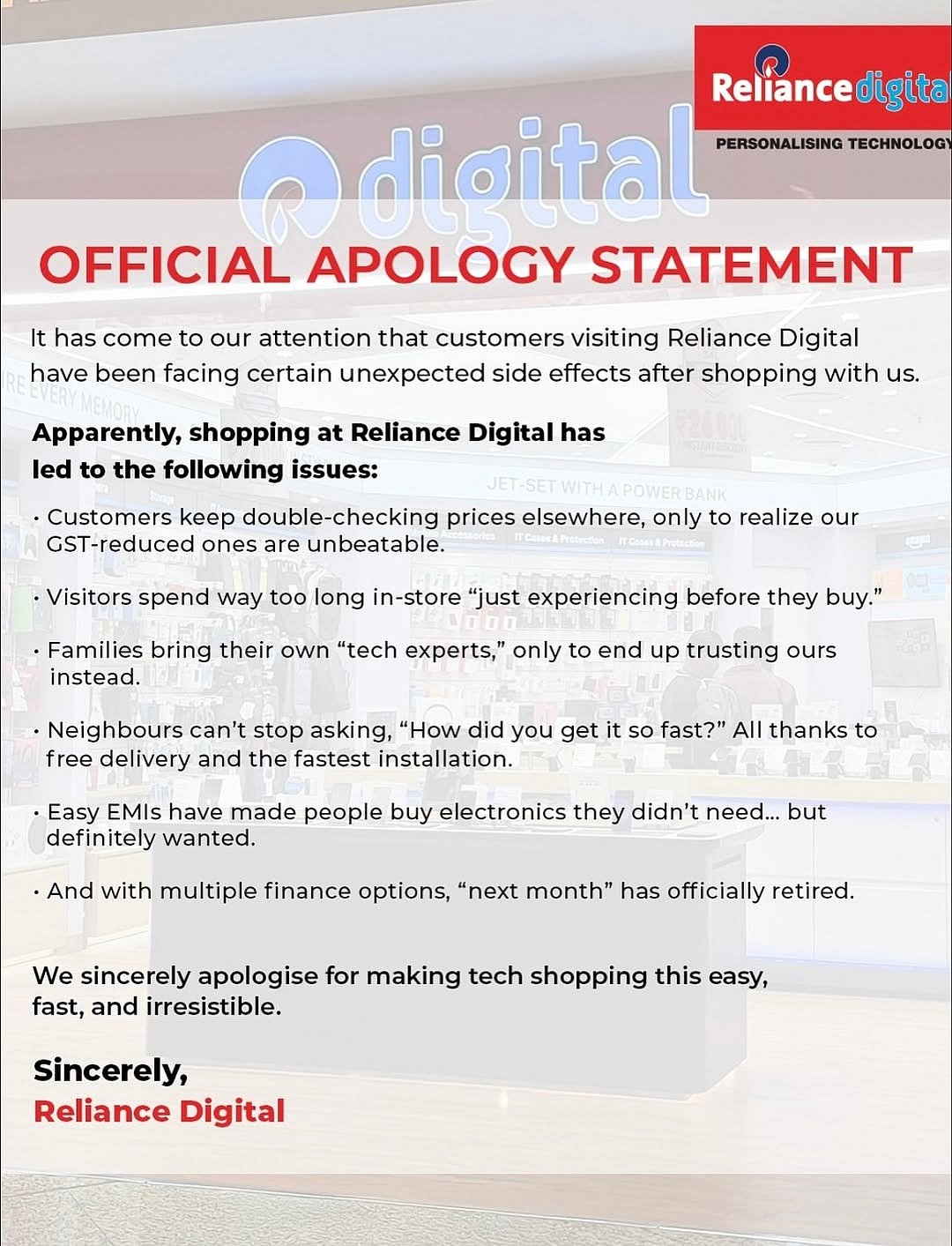Reliance - Apology Statement