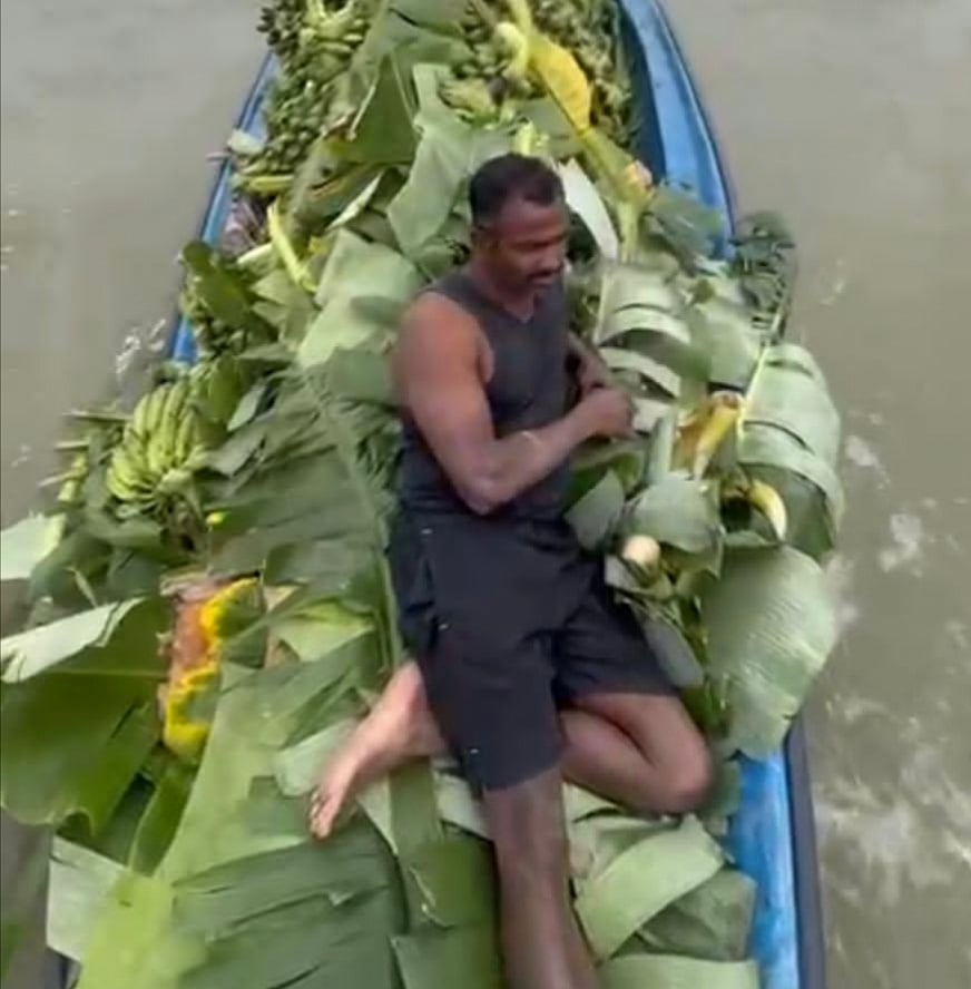 படகில் எடுத்து வரும் வாழைத்தார்கள்