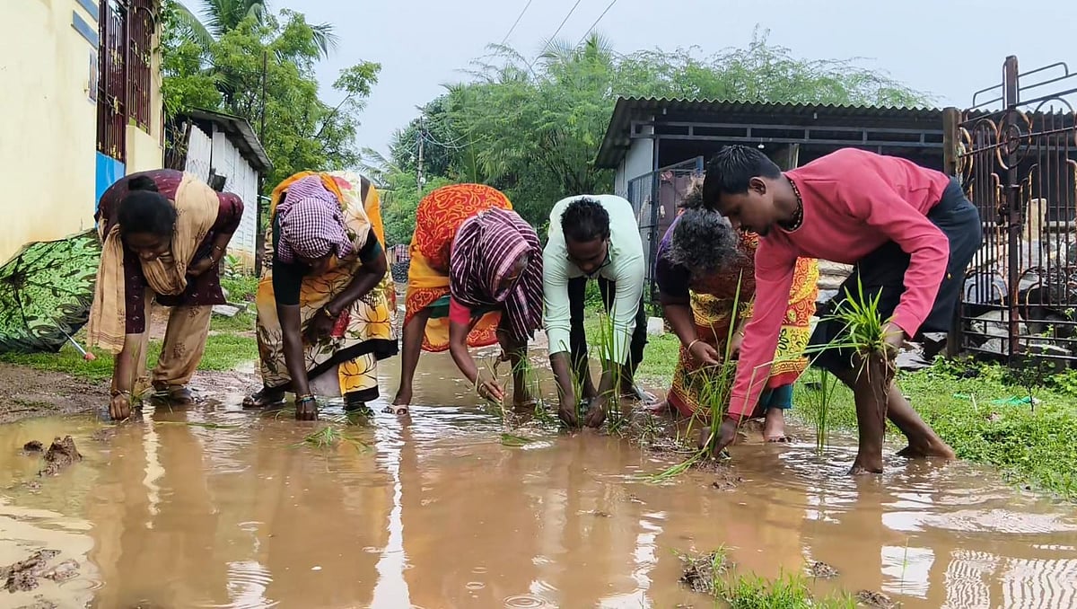 சேறும் சகதியுமான சாலையில் நாற்று நாடும் போராட்டம்
