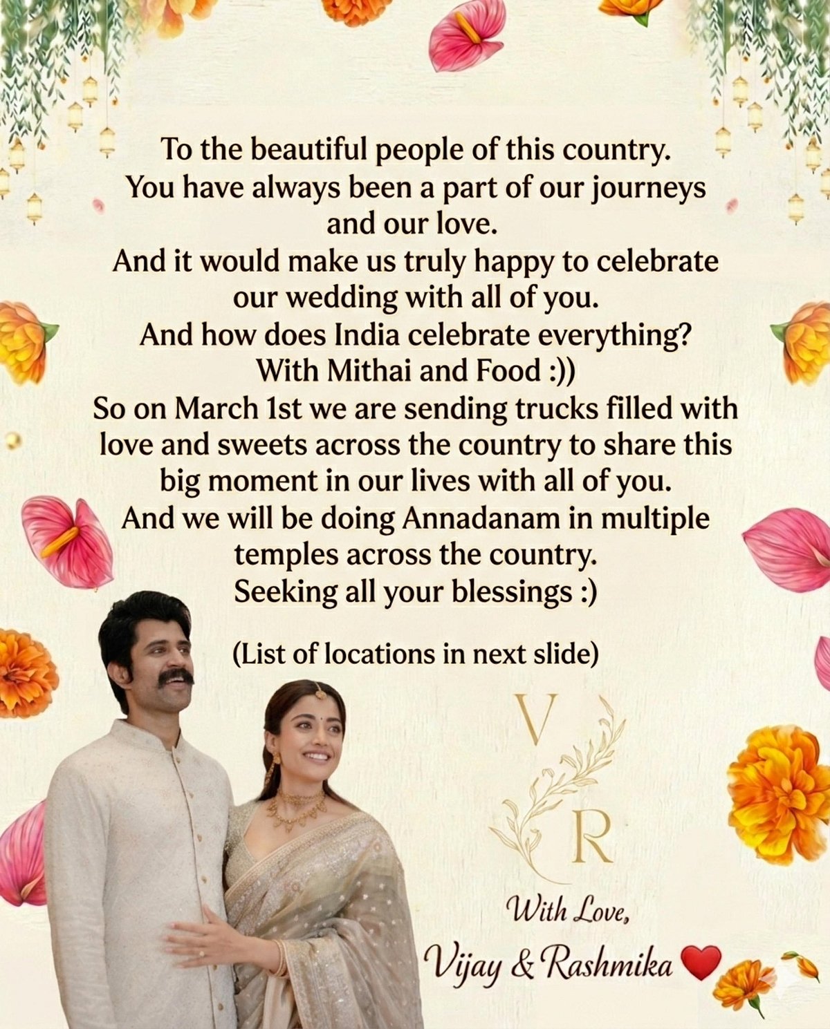 அன்பை லாரியில் அனுப்புகிறோம் - ரசிகர்களுக்கு இனிப்புகளை அனுப்பும் ராஷ்மிகா-விஜய் தேவரகொண்டா தம்பதி