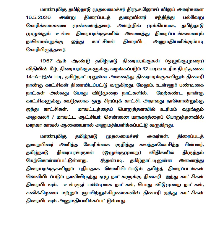 திரையரங்கி 5 காட்சிகள் பற்றிய செய்திக்குறிப்பு