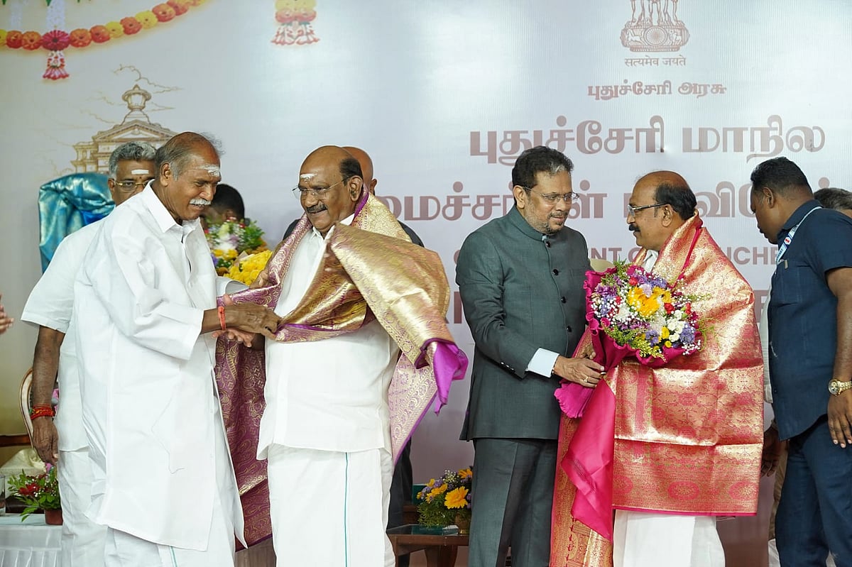 Governor Kailashnathan with ministers, Chief Minister Rangasamy