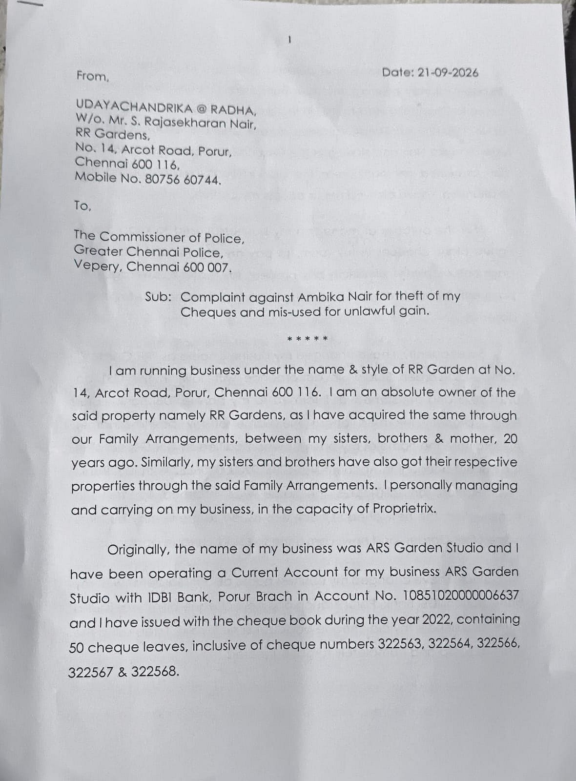 Radha's Complaint On Commissioner Office.